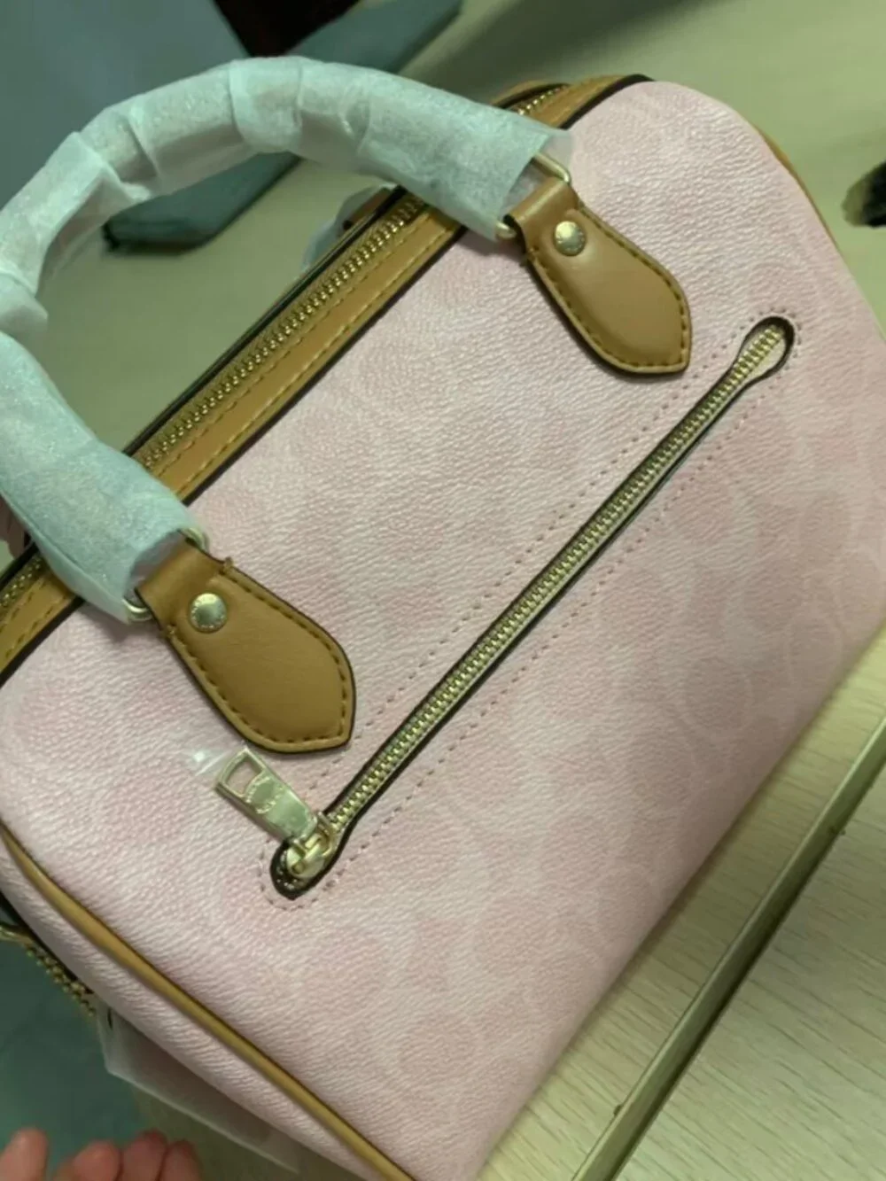 Pink Coach Signature Handbag with Leather Details
